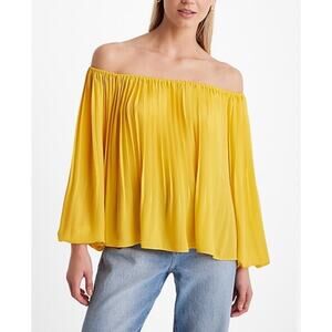 Express Pleated Off The Shoulder Blouse Balloon Sleeve Accordion Mustard Top XL